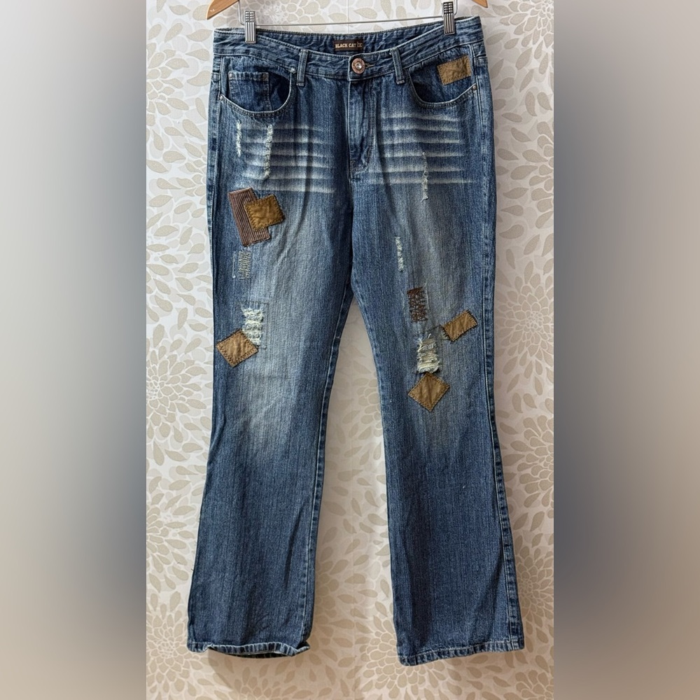 Vintage Y2K Black Cat BC Jeans Women’s 33 Boho Patchwork Flare Jeans Denim